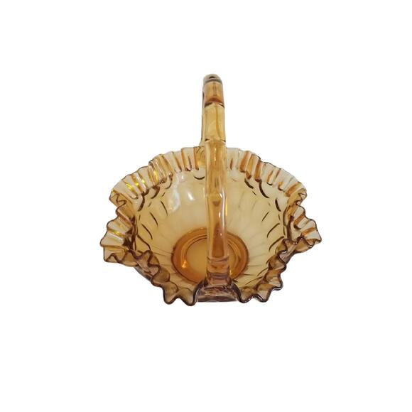 Fenton amber Glass Thumbprint Ruffle Basket with applied Handle - Picture 6 of 9